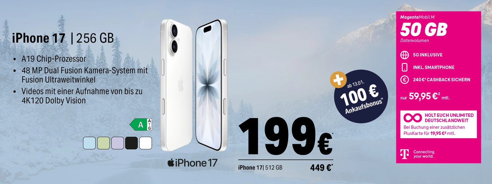 Angebot für iPhone 17 mit 256 GB, 5G-Tarif, 50 GB Datenvolumen und Cashback-Aktion.