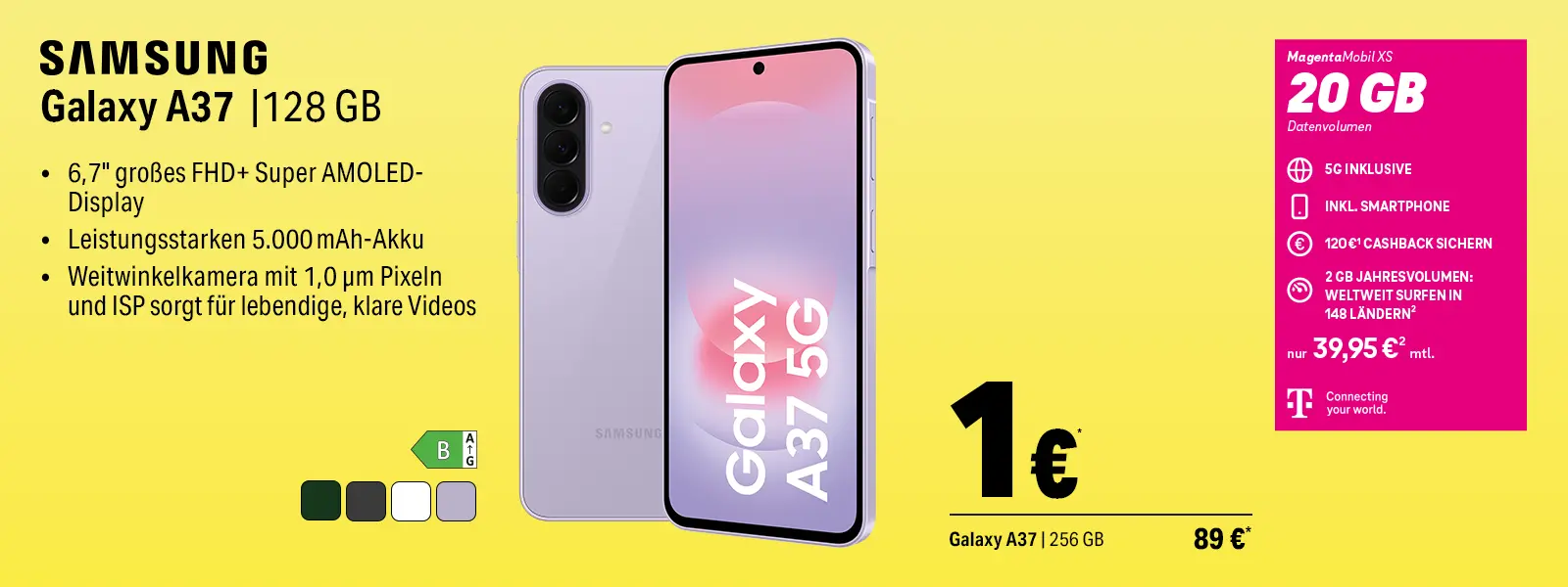 Samsung Galaxy A37 5G 128 GB Angebot mit MagentaMobil XS 20 GB Tarif