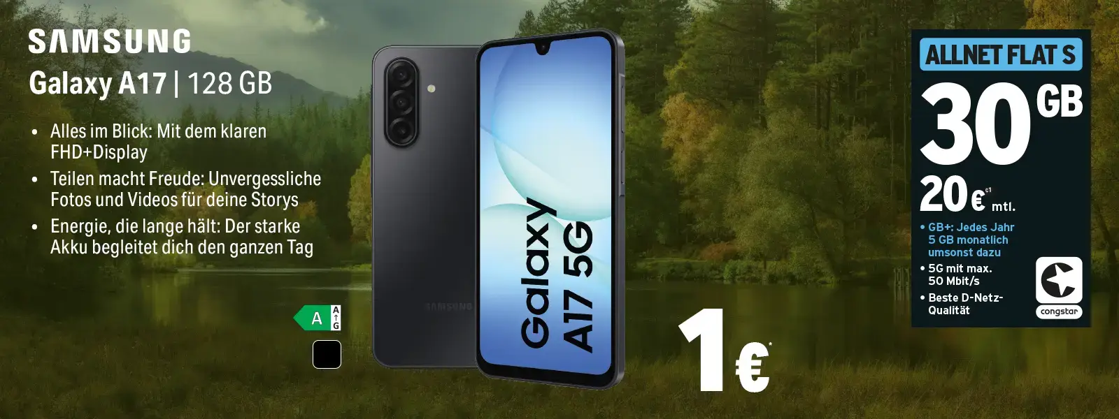 Werbebanner: Samsung Galaxy A17 5G 128 GB mit Congstar Allnet Flat S, 30 GB