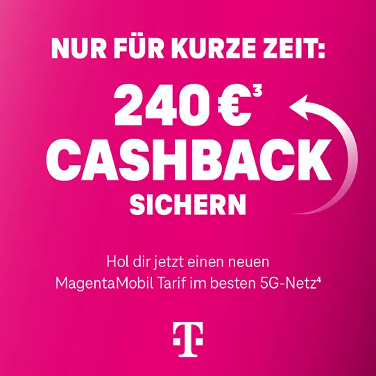 Telekom MagentaMobil Aktion: Cashback sichern, pinkes Banner mit Pfeil