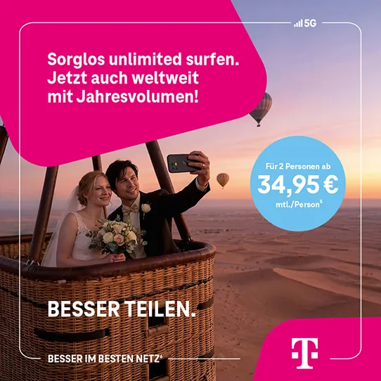 Paar im Heißluftballonkorb macht Selfie, 5G Tarif Werbung Telekom